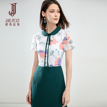 2021 Summer new dolls collar splicing display slim A-style slim fit mid-length dress short sleeve printed one-piece dress
