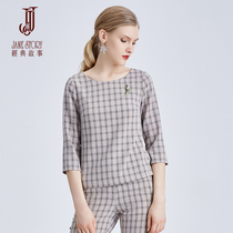 Classic story niche plaid design shirt professional commuter round neck seven-Cut Sleeve Top slim womens clothing