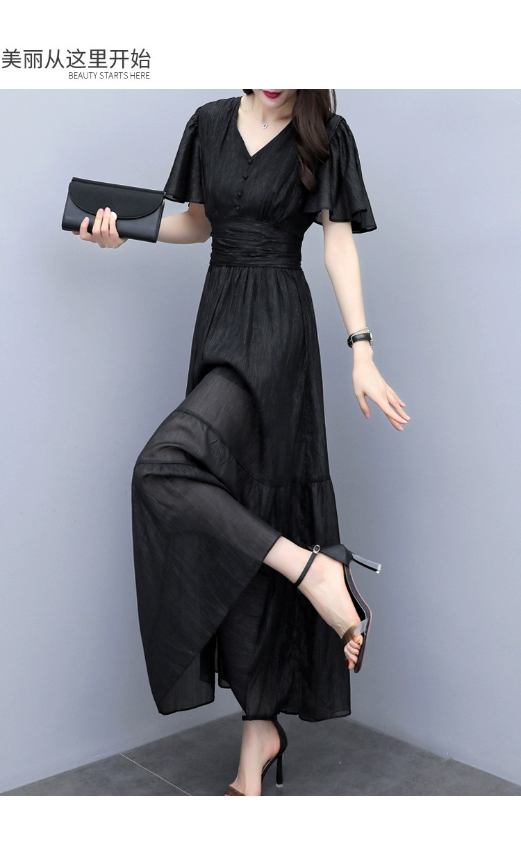 Phụ nữ mới mùa hè năm 2021 eo cao váy dài nữ màu đen eo thon ngắn tay áo dài cổ chữ v - váy đầm