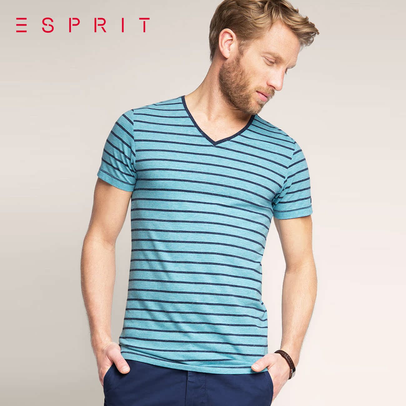 esprit男装修身条纹v领短袖t恤-046ee2k012
