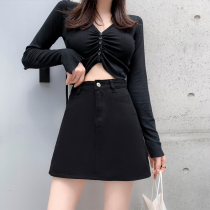 Super fire ins loose Korean version of black denim skirt High waist a-line short skirt Casual hip skirt Female student skirt