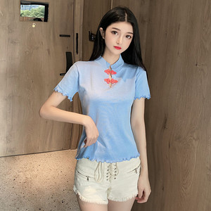 2020 autumn small shirt retro Chinese style slim fit button cheongsam collar short sleeve knitwear versatile top