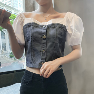 Summer 2020 two piece patchwork bubble sleeve open navel slim short denim shirt