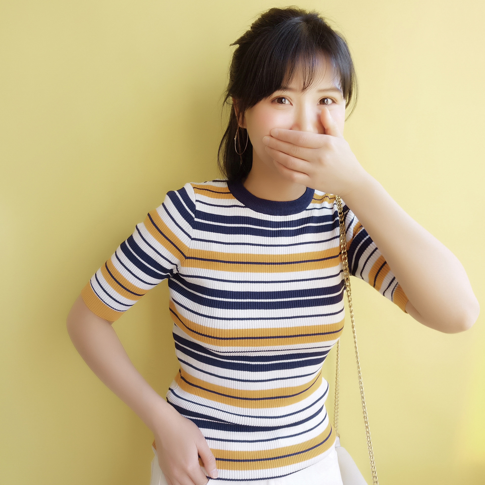 【天天特价】冰丝套头针织短袖女夏韩版百搭简约条纹t恤修身显瘦