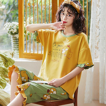 Spring and autumn pajamas Ms Summer short-sleeved seven-pants suite thin money can wear pure cotton and cumplant home clothes outside