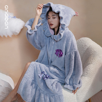Anns winter pajamas female plus velvet padded coral velvet robe sweet cute magic hat warm home clothes