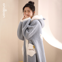 Anns companion coral velvet pajamas womens autumn and winter long hooded nightgown sweet and lovely thick warm home clothes