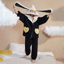 Anns snowy velvet hooded rabbit ears coral velvet pajamas womens autumn and winter thick warm plus size home suit