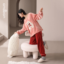 Anns companion coral velvet pajamas womens autumn and winter long sleeves set sweet and lovely flannel thick and warm home clothes