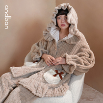 (Double Eleven pre-sale) Anns companion coral velvet pajamas womens autumn and winter thick warm home clothing hooded suit