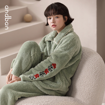 Anzhipajamas female 2021 new coral velvet thick warm home clothing cute flower suit can be worn outside