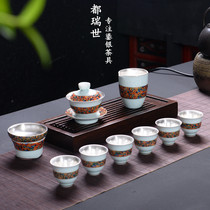 Silver tea set Sterling silver 999 Kung Fu tea set Household blue and white porcelain tea set Handmade gilt silver cover bowl teacup