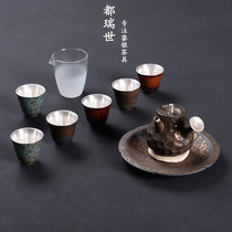 Silver tea set 999 sterling silver set Kiln glaze Kung Fu tea set Household retro wood-fired coarse pottery teapot teacup set