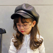 Childrens PU leather hat Girls fashion all-match British octagonal hat parent-child cap autumn and winter retro beret