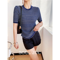 SOUL JUC jacquard herringbone textured slim-skinny knit short sleeve t-shirt b ice silk blouse