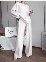 Lazy Breeze High Waist Wide Leggings Pants Acetate satin Satin Face Suit Temperament Slim-less Spring-autumn casual Fashion Two sets