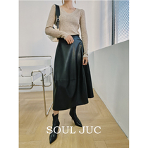 SOUL JUC high waist black retro leather skirt half body dress with large swing umbrella dress slim fit