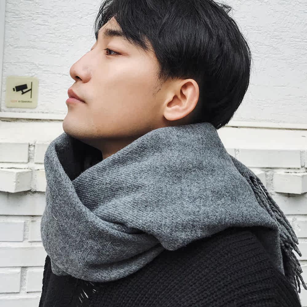 耳日围巾男 秋冬季韩版纯色百搭宽松流苏围巾保暖羊绒围脖