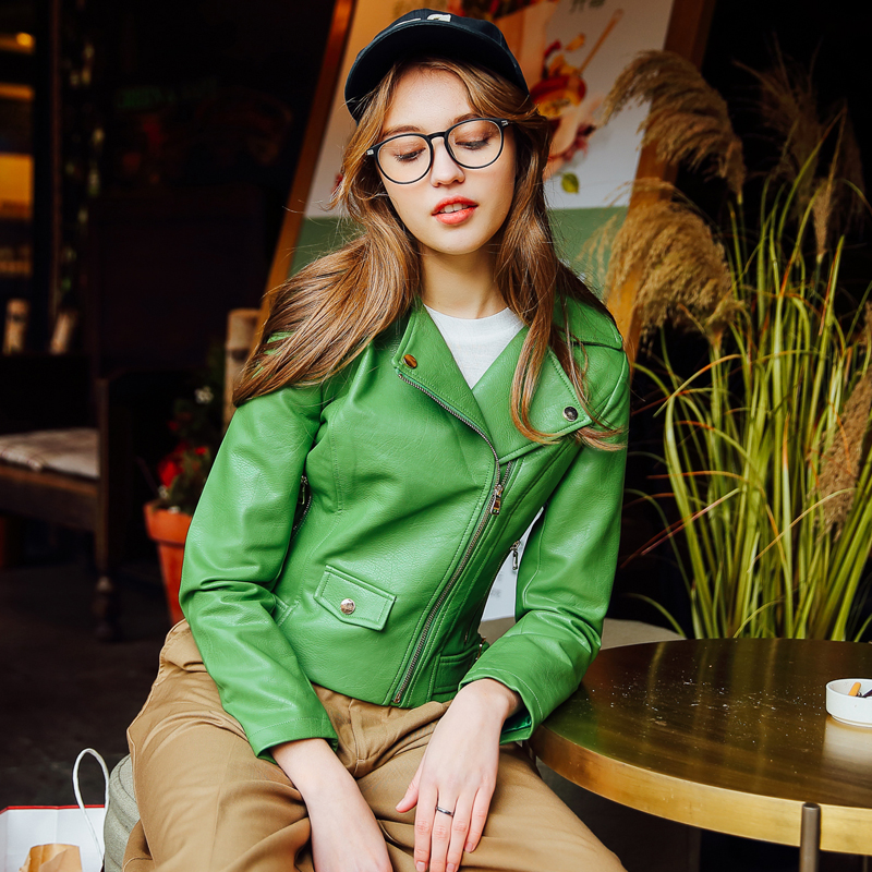 热销草木绿修身女装短款皮夹克pu皮衣外套欧美显瘦机车小外套女士