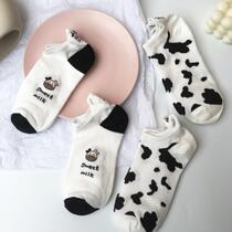 Black and white embroidered socks Children ins Chains Short Sox Shallow Mouth Summer Thin Korean Cartoon Cartoon Cows Cute Day Series Boat Socks