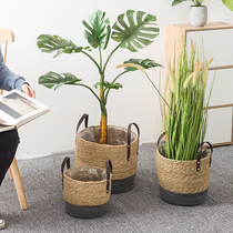 MimiH handmade with leather handle straw chins with wind flower basket woven basket hemp rope rattan woven basket containing basket inclusions