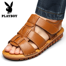 Flowers Playboy Sandals Sandals Mens Summer Heads Cow Leather Casual Beach Shoes Non-slip Bull Gluten Bottom Leather Soft-bottom Leather Sandals