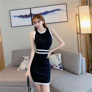 Summer sexy temperament color matching stripe slim knit waist pack hip dress