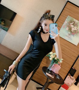 Sexy short V-neck elastic split zipper thread short sleeve dress