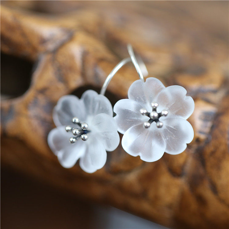 雨中梨花凉之二 软语原创品牌 透明水晶花朵树枝文艺设计纯银耳环