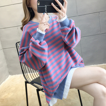 Autumn and winter clothing Spicy Mother Stripes Thickened and Pregnant Pregnant clothing The long style Fashion Loose Warm Clothing Foreign Air Mesh Red