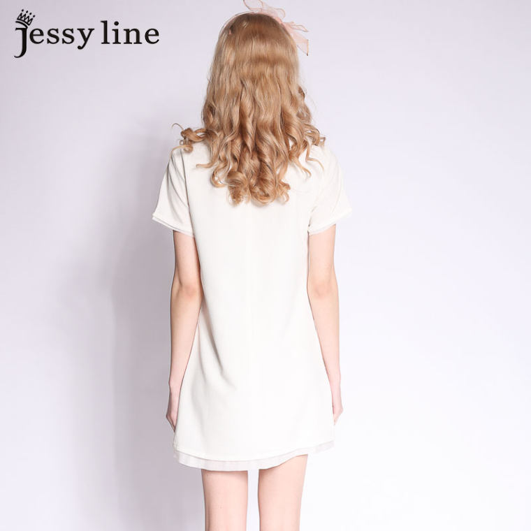 jessy line2015夏装新款 杰茜莱百搭花朵装饰钉珠短袖雪纺连衣裙