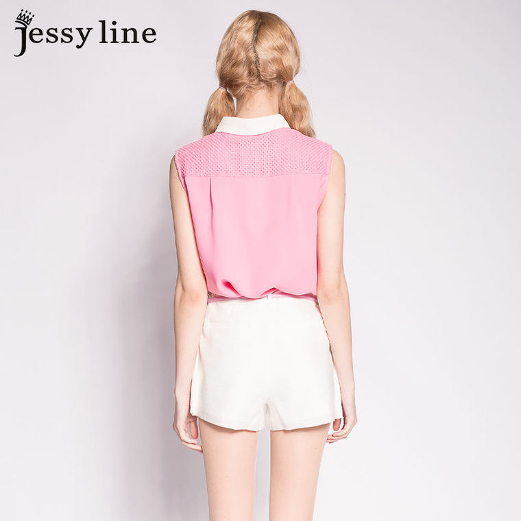 jessy line2015夏装新款 杰茜莱甜美百搭粉色无袖雪纺衬衫 女衬衣