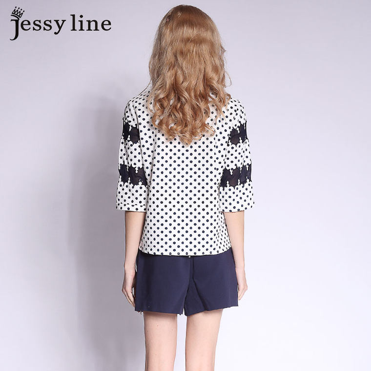 jessy line2015春夏新款 杰茜莱韩版显瘦波点拼接七分袖上衣小衫