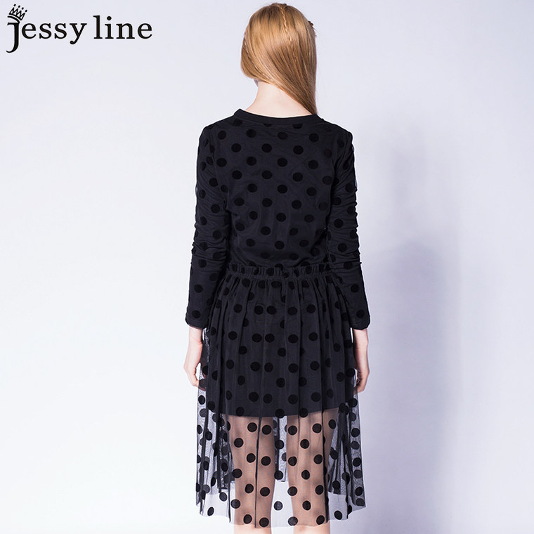 jessy line2015秋装新款 杰茜莱气质百搭网纱拼接中长款连衣裙子