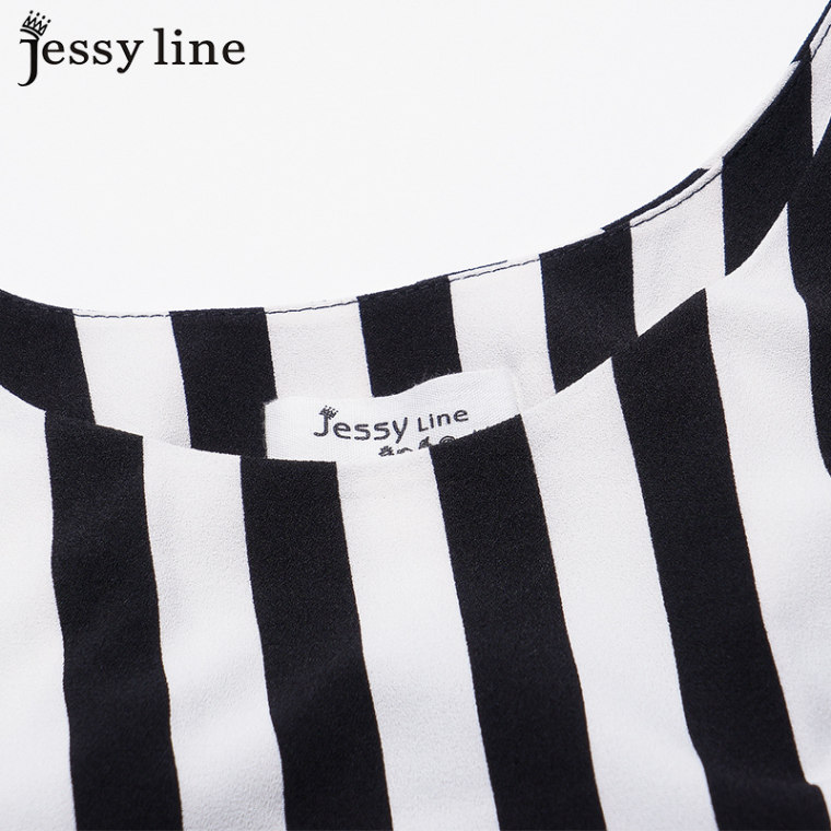 jessy line2015夏装新款 杰茜莱百搭条纹显瘦假两件雪纺连衣短裙