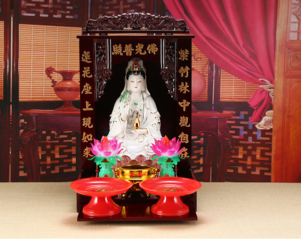 开光实木佛光普照佛龛陶瓷观音菩萨像香炉莲花灯套装保平安家摆件