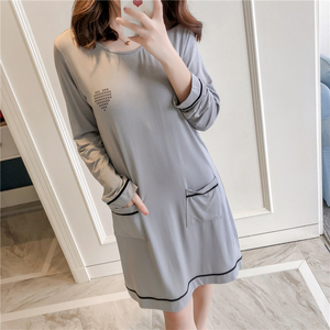 韩版纯棉莫代尔时尚长袖带胸垫睡裙宽松免穿文胸睡衣女家居服春秋