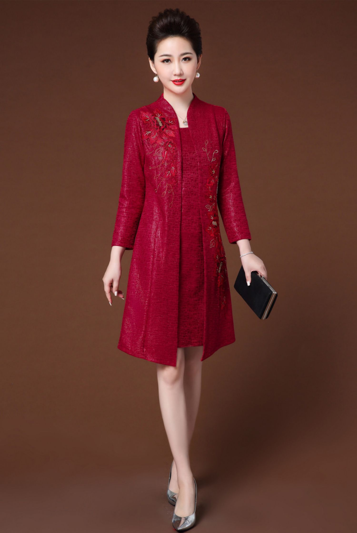 春秋中年妈妈婚礼两件套连衣裙套装年轻款高贵洋气喜婆婆婚宴礼服