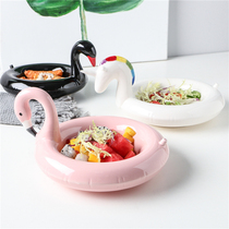 Ceramic creative snack plate Dessert plate Ice cream bowl Unicorn Flamingo black swan swimming ring shape storage plate