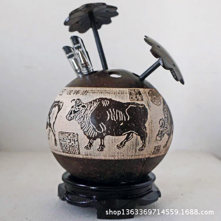 Hainan Featured Coconut Shell Sculpture Painting Five-cow Plot Pen Holder Home Travel Practical Pendulum Piece Craft Gift Birthday Gift-Taobao