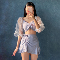 Split long sleeve sexy swimsuit female Xia fairy fan 2021 new conservative belly cover thin Korean ins style student