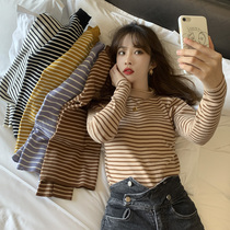 High-collar striped knit-woven bottom shirt female autumn 2021 new loose inner cushion sweater on top