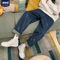 Fat fat fat brother Hong Kong wind jeans men autumn and winter New Large size loose straight pants trend fat mens ankle-length pants