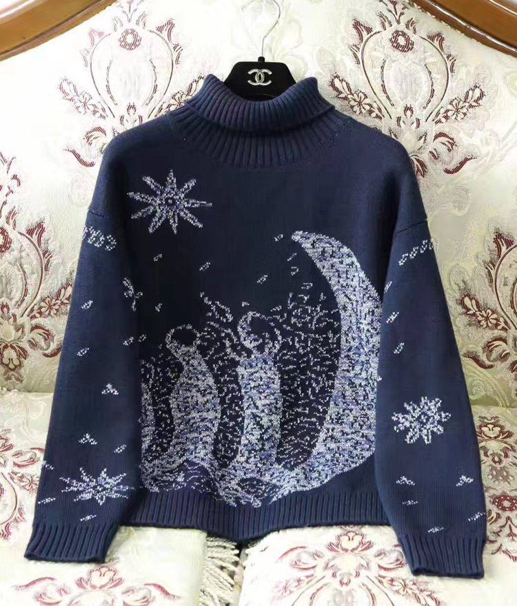 欧货定制2017秋冬装女式针织星空图案月亮星星高领套头毛衣女长袖_不