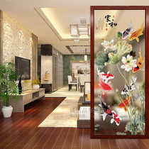 Custom art glass screen partition living room corridor double-sided frosted carving transparent painted tempered Lotus fish