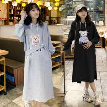 Pregnant woman spring long-sleeved large-yard top autumn fashion loose cap pregnant woman sweater dress autumn long dress