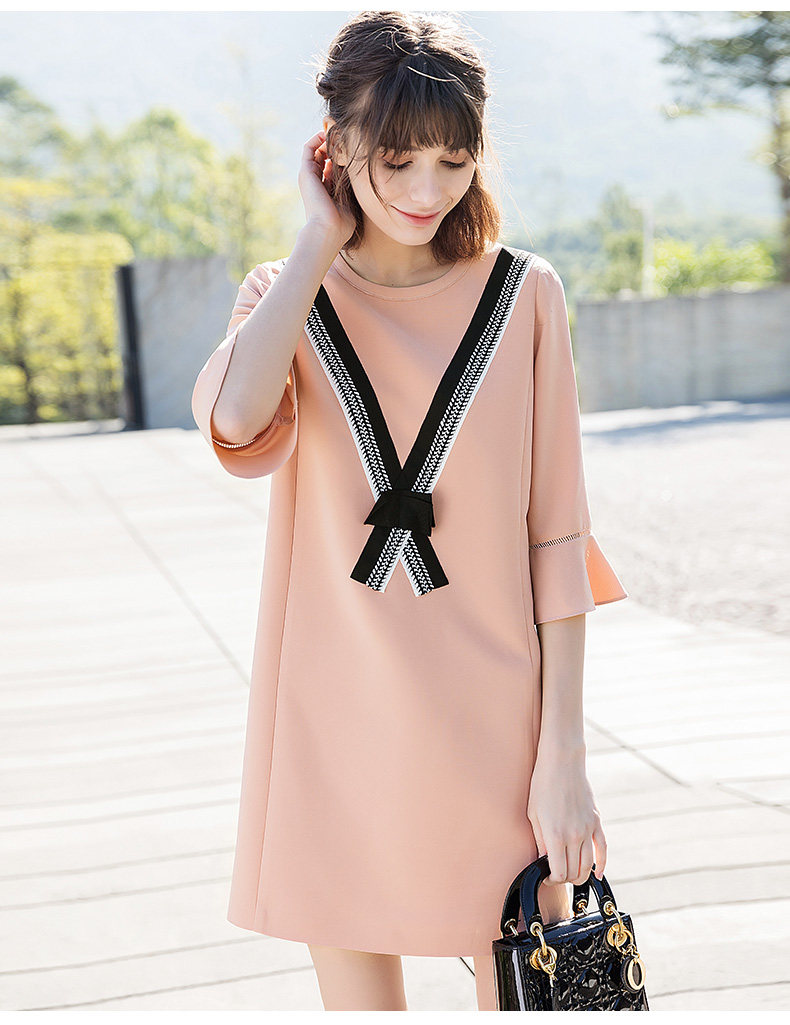 迪图喇叭袖连衣裙雪纺粉色宽松春装中长款淑女裙子女装夏2017新款