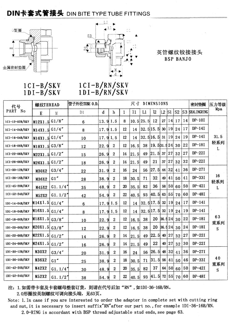 液压接头派克英制螺栓铰接式接头24度锥密封卡套式1di-b-skv