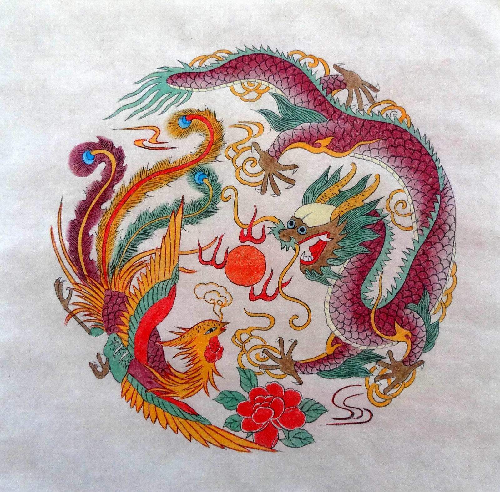 武强年画 龙凤呈祥 尺寸34x34cm画心 纯手绘 祈福纳祥年画