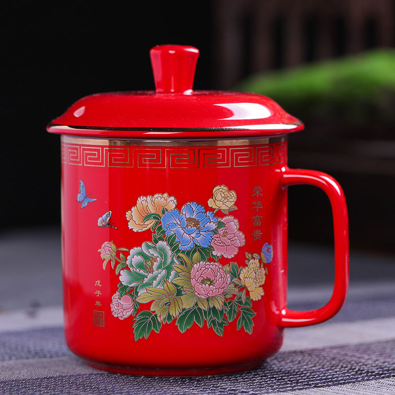 Jade butterfly jingdezhen ceramic cups with cover Chinese red keller cup yellow boss cup gift cup office meeting